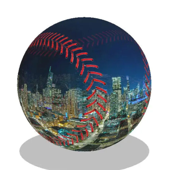 Customizable sphere fabric cover preview with the overlay of a baseball featuring a Chicago at night cityscape design with baseball stitches.